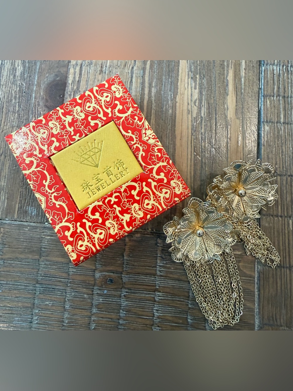 Gold tone Filigree Floral Dangle Earrings - Statement Chain Fringe new in box - Picture 9 of 14